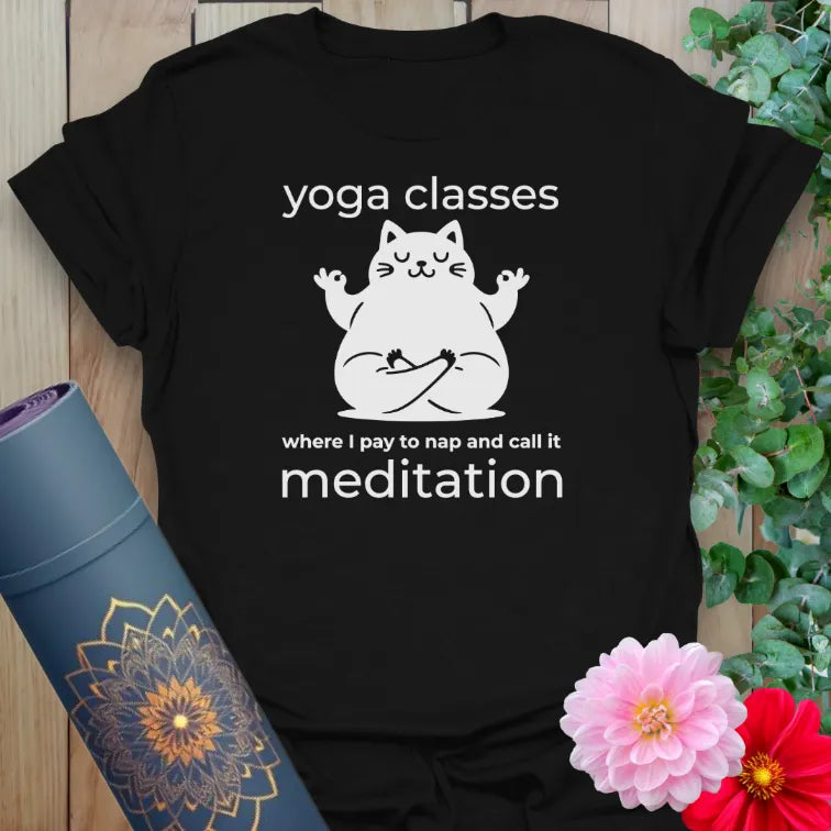 Black yoga t-shirt with meditating cat and funny yoga nap quote