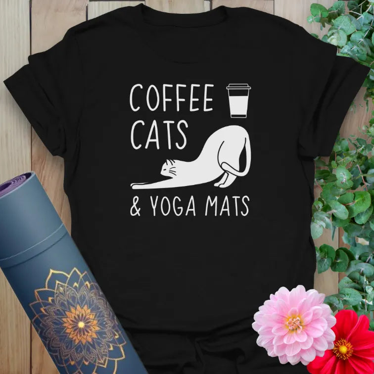 Black yoga t-shirt with white stretching cat, coffee cup, and cozy yoga quote