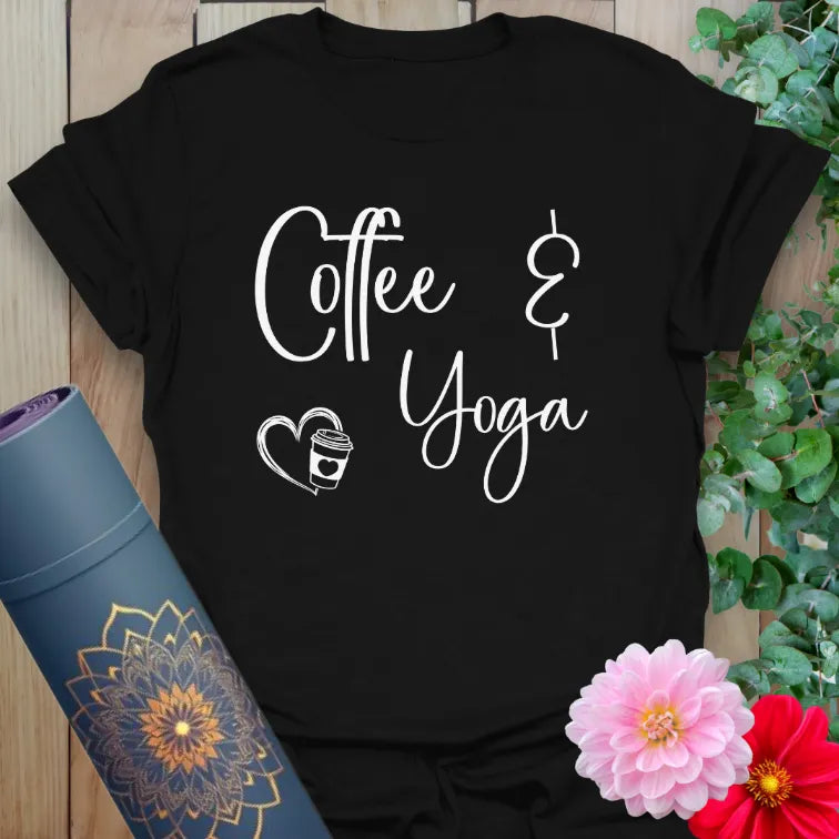 Black yoga t-shirt with playful “Coffee & Yoga” hand-lettered design and heart graphic