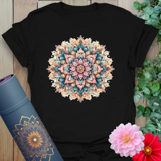 Black yoga t-shirt with colorful mandala spiritual design in vibrant watercolor hues