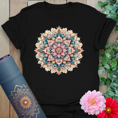 Black yoga t-shirt with colorful mandala spiritual design in vibrant watercolor hues