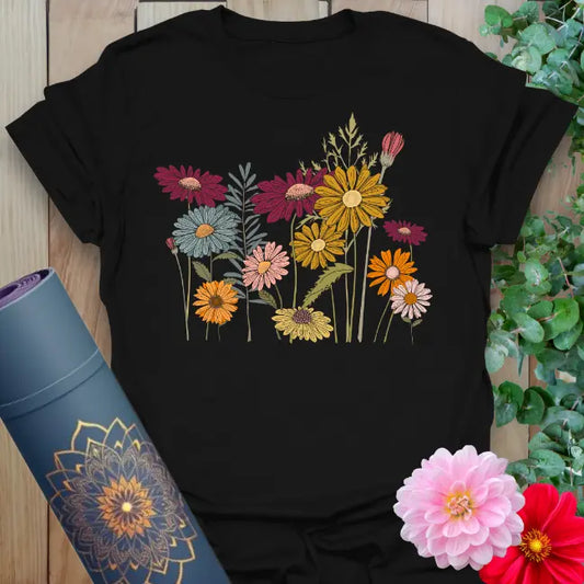 Black t-shirt with colorful hand-drawn cottage wildflowers and earthy garden design