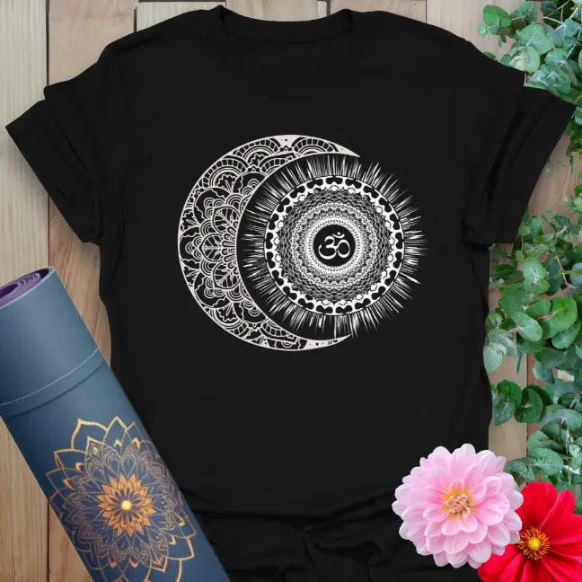 Black yoga t-shirt with intricate crescent moon and mandala sun balance design