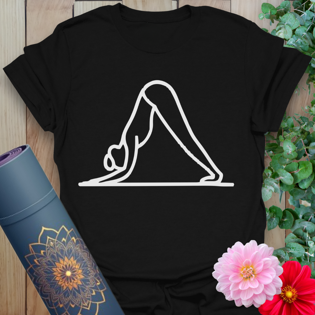 Black yoga t-shirt with minimalist white line art of downward dog pose