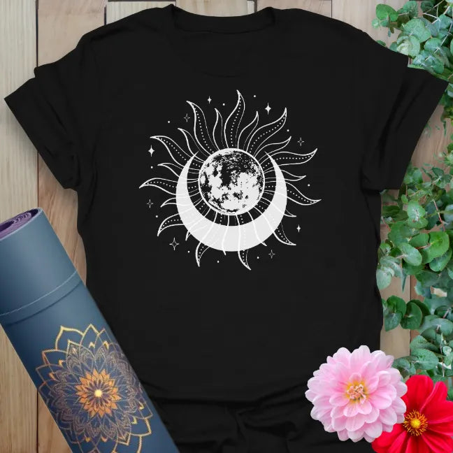 Black yoga t-shirt featuring celestial lunar eclipse design in minimalist white