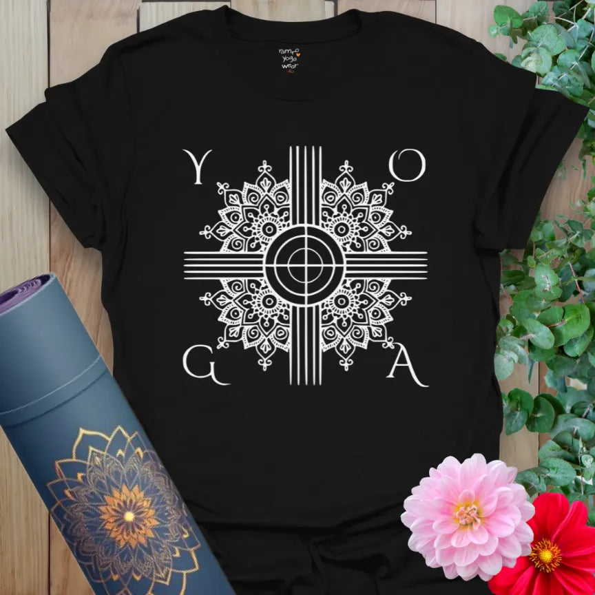 Classic black cotton yoga t-shirt featuring bold mandala sacred geometry design for inner peace and balance.