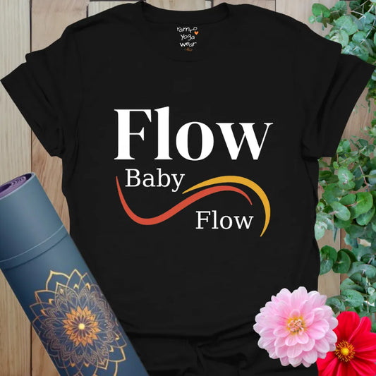 Black Flow Baby Flow T-Shirt featuring a bold, retro-style design in warm neutral tones. Perfect yoga gift shirt for street style comfort.