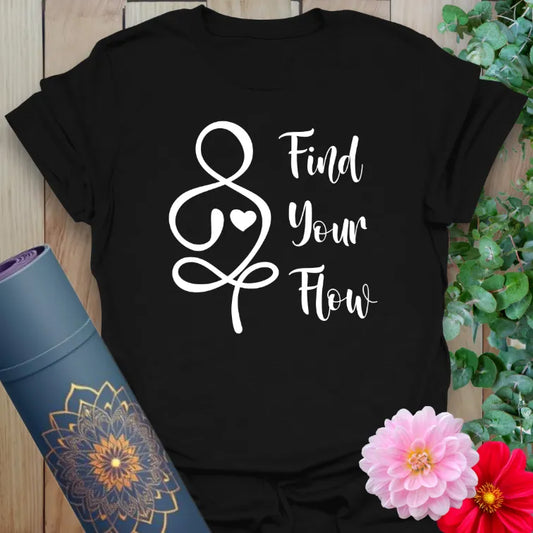 Classic black cotton yoga t-shirt with flowing minimalist heart design and empowering "Find Your Flow" quote for soulful journeys.