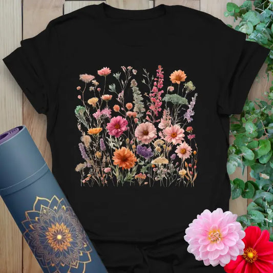 Classic black cotton yoga t-shirt showcasing colorful wildflower and gerbera field for soulful, vibrant living.