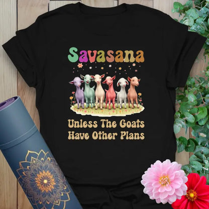 Classic black cotton yoga t-shirt with playful goat illustration and funny yoga mantra for relaxed, soulful living.