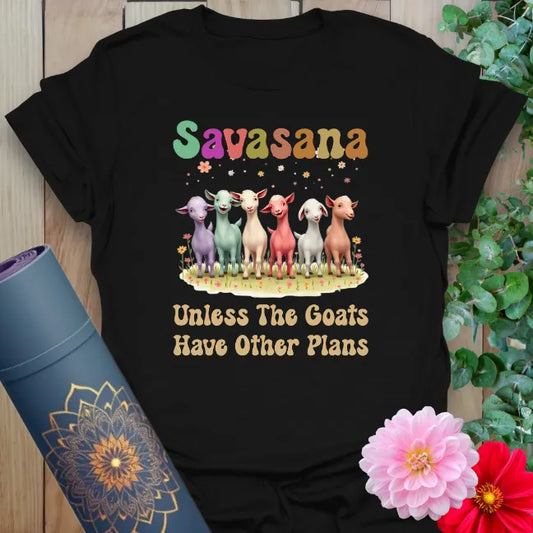 Classic black cotton yoga t-shirt with playful goat illustration and funny yoga mantra for relaxed, soulful living.