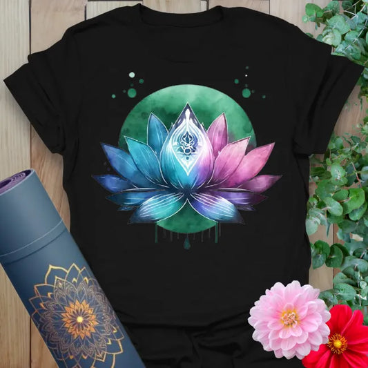 Classic black cotton yoga t-shirt showcasing colorful lotus flower and radiant green background for soulful growth and spiritual journeying.