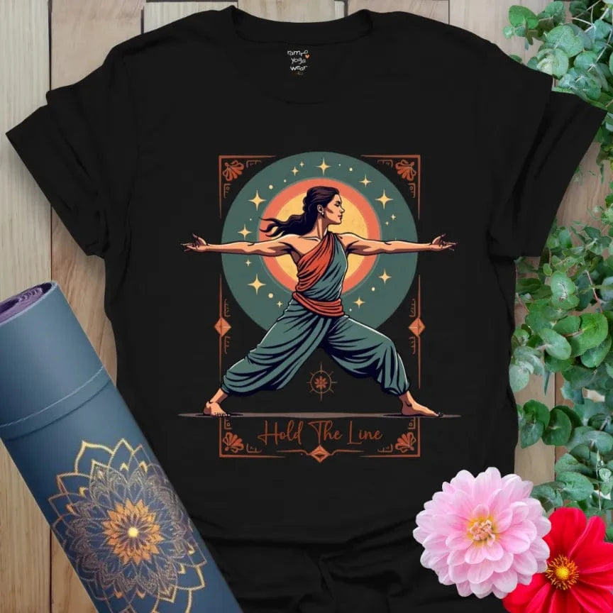 Classic black cotton yoga t-shirt with fierce yogi Warrior II pose and sacred geometry design for empowered mindful movement.