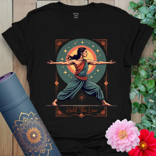 Classic black cotton yoga t-shirt with fierce yogi Warrior II pose and sacred geometry design for empowered mindful movement.