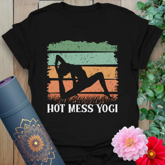 Classic black cotton yoga t-shirt showcasing retro yoga silhouette and humorous "Hot Mess Yogi" mantra for soulful, fearless living.