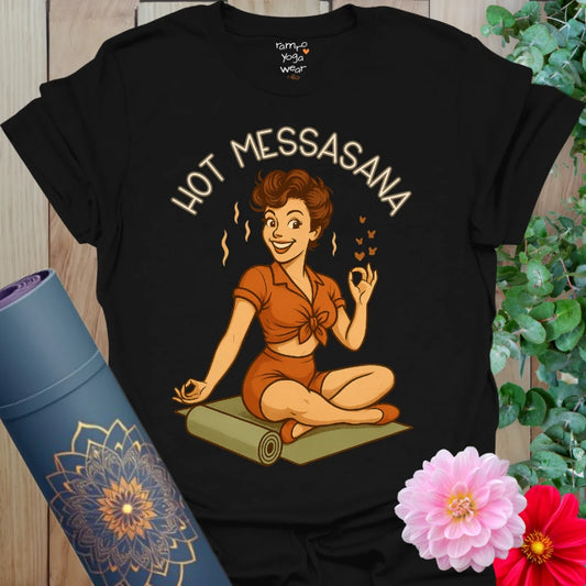 Classic black unisex yoga t-shirt with a vintage pinup yogi graphic and humorous “Hot Messasana” vibe.