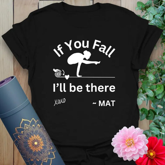 Classic black cotton yoga t-shirt showcasing humorous yoga quote and crow pose silhouette for soulful, mindful humor.