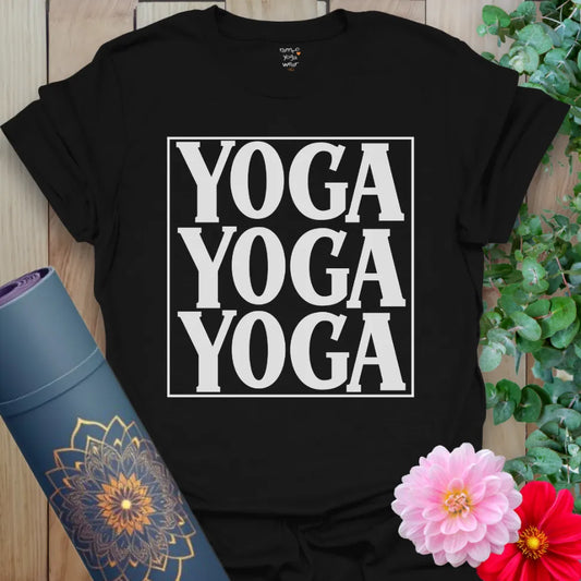 Classic black cotton yoga t-shirt showcasing striking minimalist "YOGA" triple text for yoga lovers and mindful movers