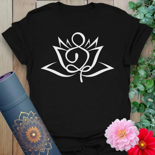 Classic black cotton yoga t-shirt featuring elegant lotus flower and flowing spirit graphic for grounded, mindful living.