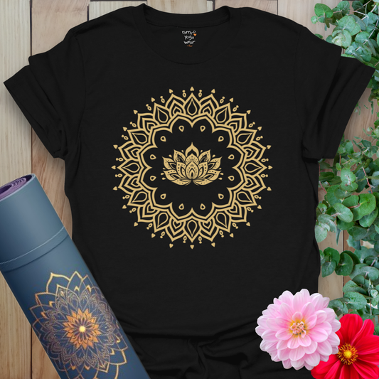 Classic black cotton yoga t-shirt showcasing bold lotus mandala design for grounded, soulful movement and mindful living.