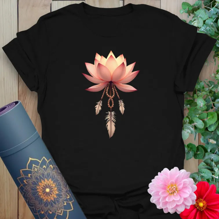 Classic black cotton yoga t-shirt with glowing lotus flower and feather charm artwork for soulful connection and inner peace.