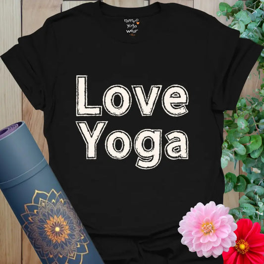 Black Love Yoga T-Shirt with bold distressed-style lettering, perfect for yogis and everyday wear.