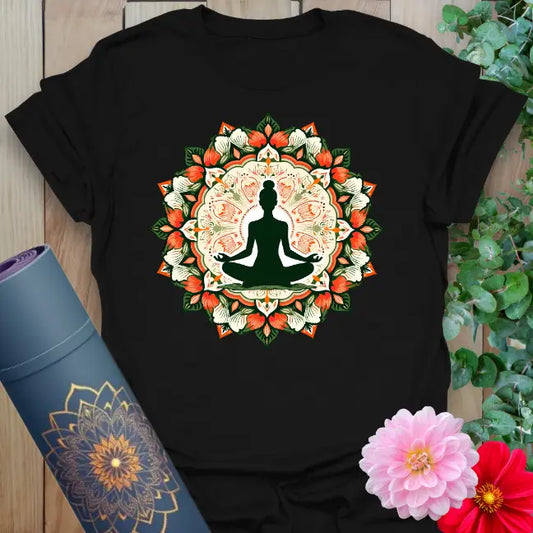 Classic black cotton yoga t-shirt showcasing meditating figure within sacred mandala symbolizing spiritual awakening and grounded mindfulness.