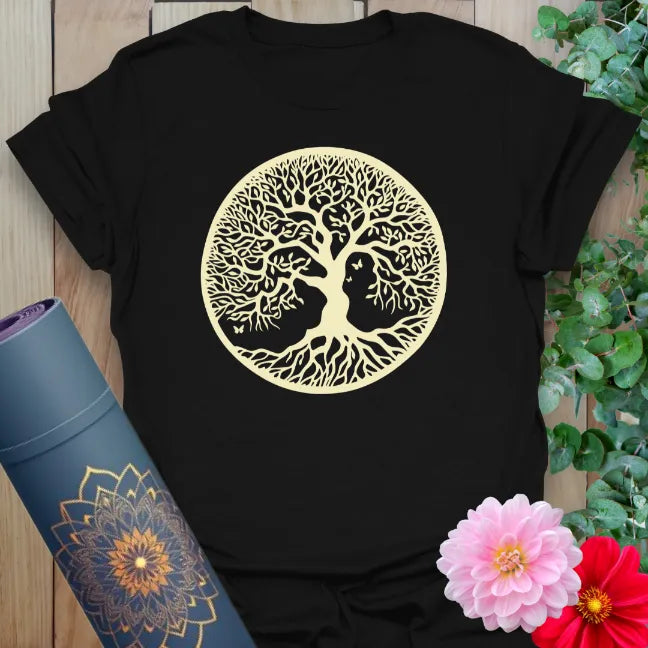 Classic black cotton yoga t-shirt showcasing Tree of Life design symbolizing strength, balance, and soulful mindfulness.