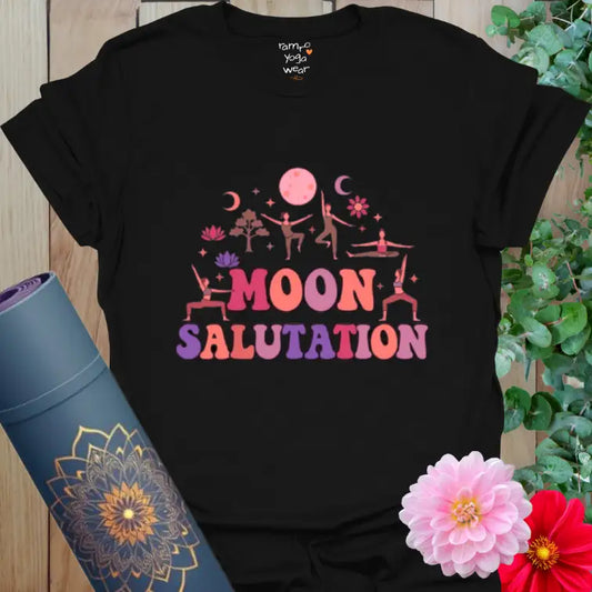 Black Moon Salutation T-Shirt with radiant pink-purple moon design. A striking yoga tee for grounding energy and mindful nights.