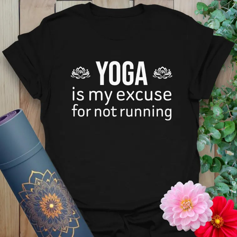 Classic black cotton yoga t-shirt showcasing playful "Yoga is my excuse for not running" quote perfect for mindful, joyful souls.