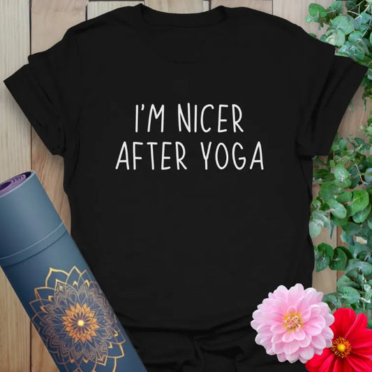 Classic black cotton yoga t-shirt showcasing playful yoga humor quote perfect for soulful movers and mindfulness lovers.