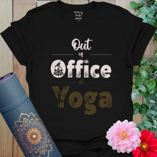 Black Out Of Office T-Shirt with playful vacation-themed typography and yoga icons. A witty yoga lover’s tee for effortless street style and mindful chill.