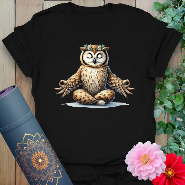 Classic black cotton yoga t-shirt showcasing serene owl artwork inspiring wise, mindful, and playful living.