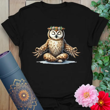 Classic black cotton yoga t-shirt showcasing serene owl artwork inspiring wise, mindful, and playful living.