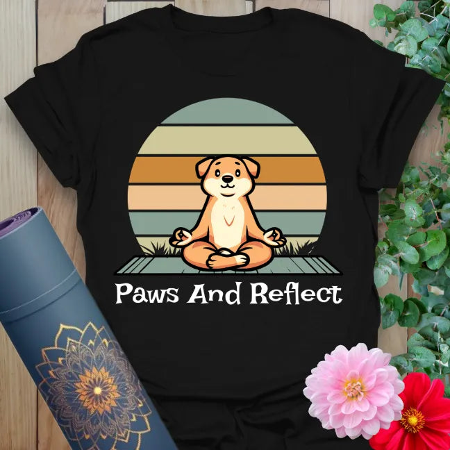Classic black cotton yoga t-shirt showcasing playful dog and meditation quote for soulful, heartwarming mindfulness.