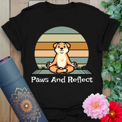Classic black cotton yoga t-shirt showcasing playful dog and meditation quote for soulful, heartwarming mindfulness.
