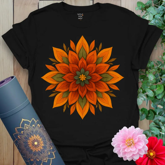 Classic black cotton yoga t-shirt showcasing vibrant fiery mandala flower design for conscious transformation and soulful empowerment.