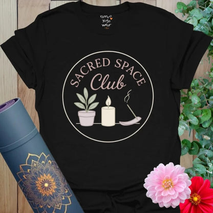 Black Sacred Space T-Shirt with contrast graphic of candle, plant, and incense. Moody and grounding for meditative moments.