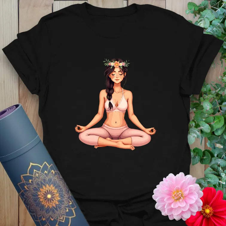 Classic black cotton yoga t-shirt showcasing tranquil yogi with flower crown for soulful, grounded movement and self-connection.