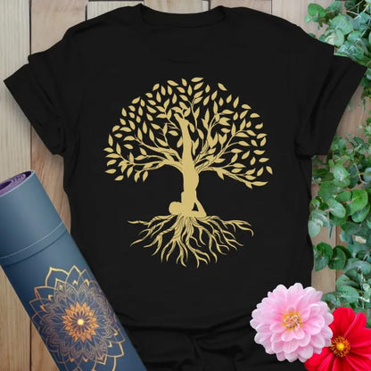 Classic black cotton yoga t-shirt showcasing elegant tree of life pose inspiring conscious grounding and soulful transformation.