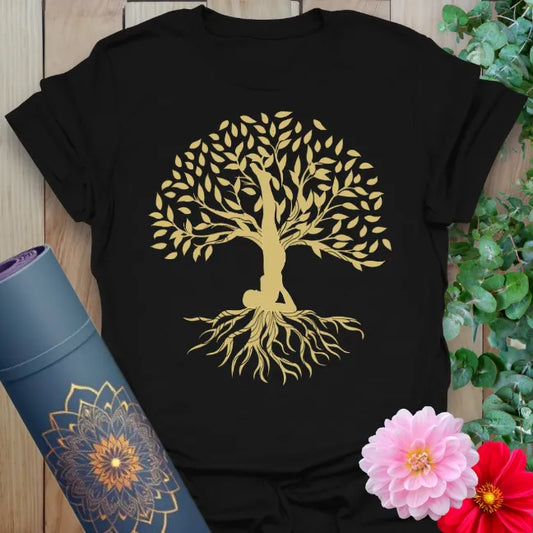 Classic black cotton yoga t-shirt showcasing elegant tree of life pose inspiring conscious grounding and soulful transformation.