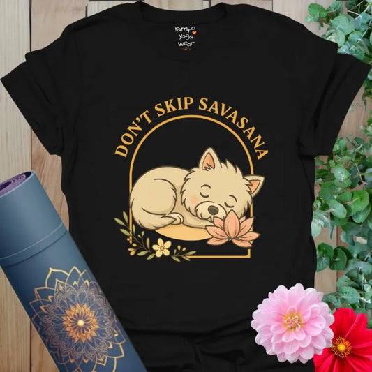 Black Sleeping Westie T-Shirt with a peaceful Westie curled up beside a lotus. Yoga dog shirt promoting calm, rest, and Savasana.