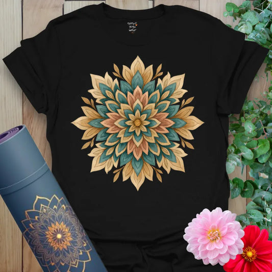 Classic black cotton yoga t-shirt showcasing intricate mandala flower design for soulful, powerful presence and mindful beauty.