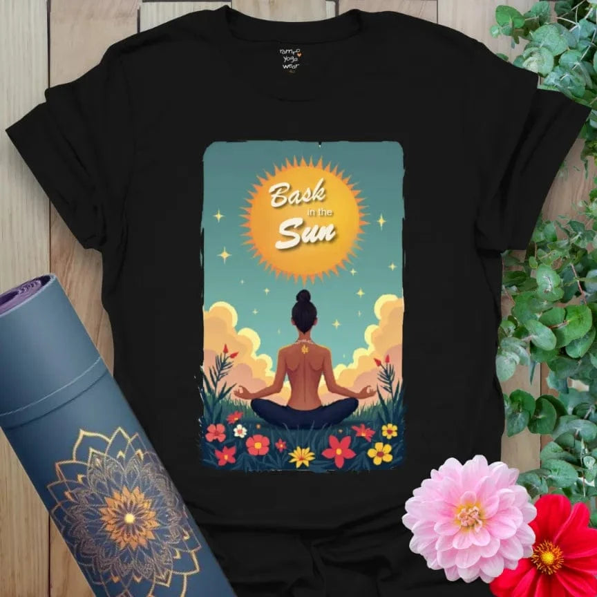 Classic black cotton tee featuring colorful sunrise graphic and seated yogi with motivational message, perfect for spiritual streetwear.