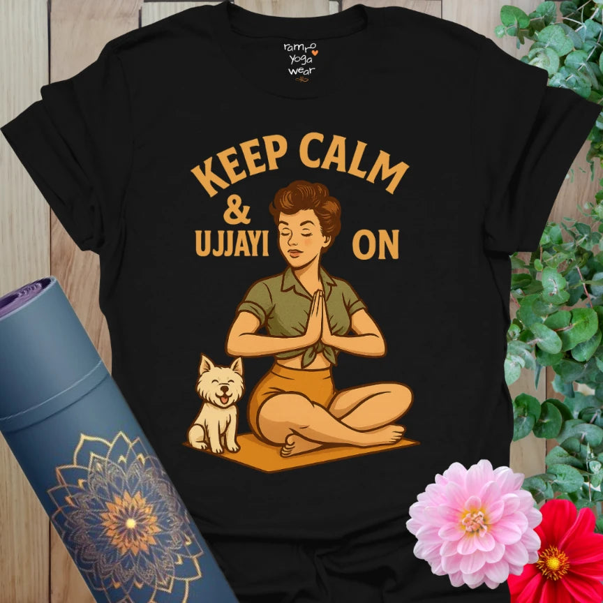 Classic black retro yoga t-shirt with pinup yogi and calming breathwork message in bold vintage font.