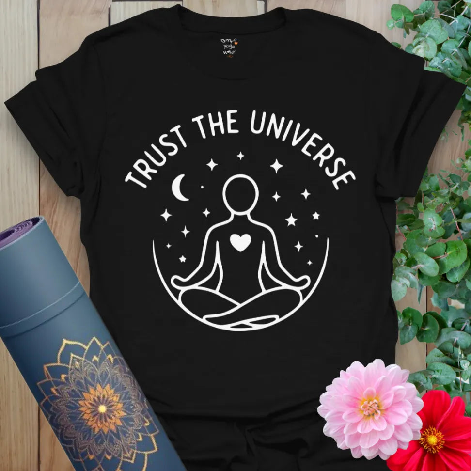 Classic black cotton t-shirt featuring minimalist cosmic scene and “Trust the Universe” quote, ideal for spiritual seekers.