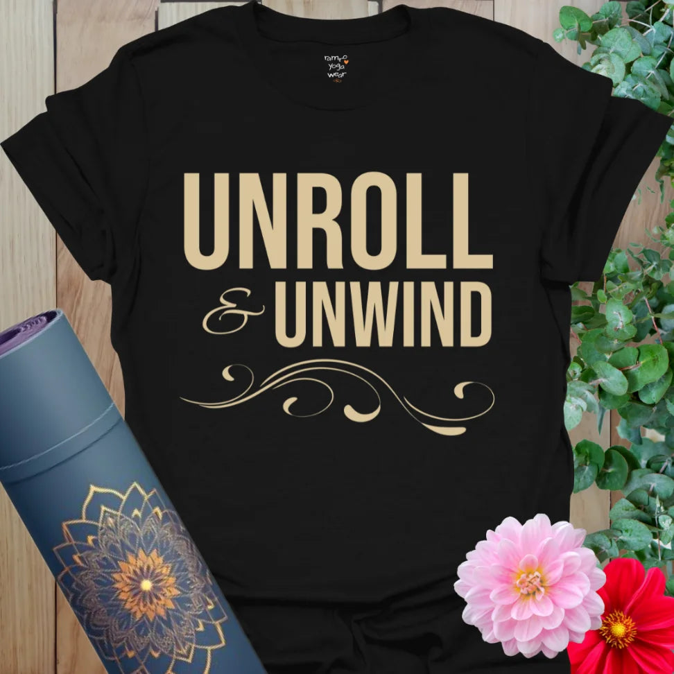 Black Unroll T-Shirt with stacked “Unroll & Unwind” design and elegant swirl. Calming yoga shirt for daily relaxation.