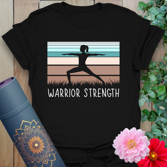 Classic black cotton tee with striking silhouette of Warrior II pose and retro lines for soulful, strong streetwear.