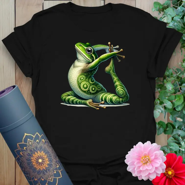 Classic black cotton tee featuring a green frog in yoga pose for bold, fun, animal-inspired yoga style.