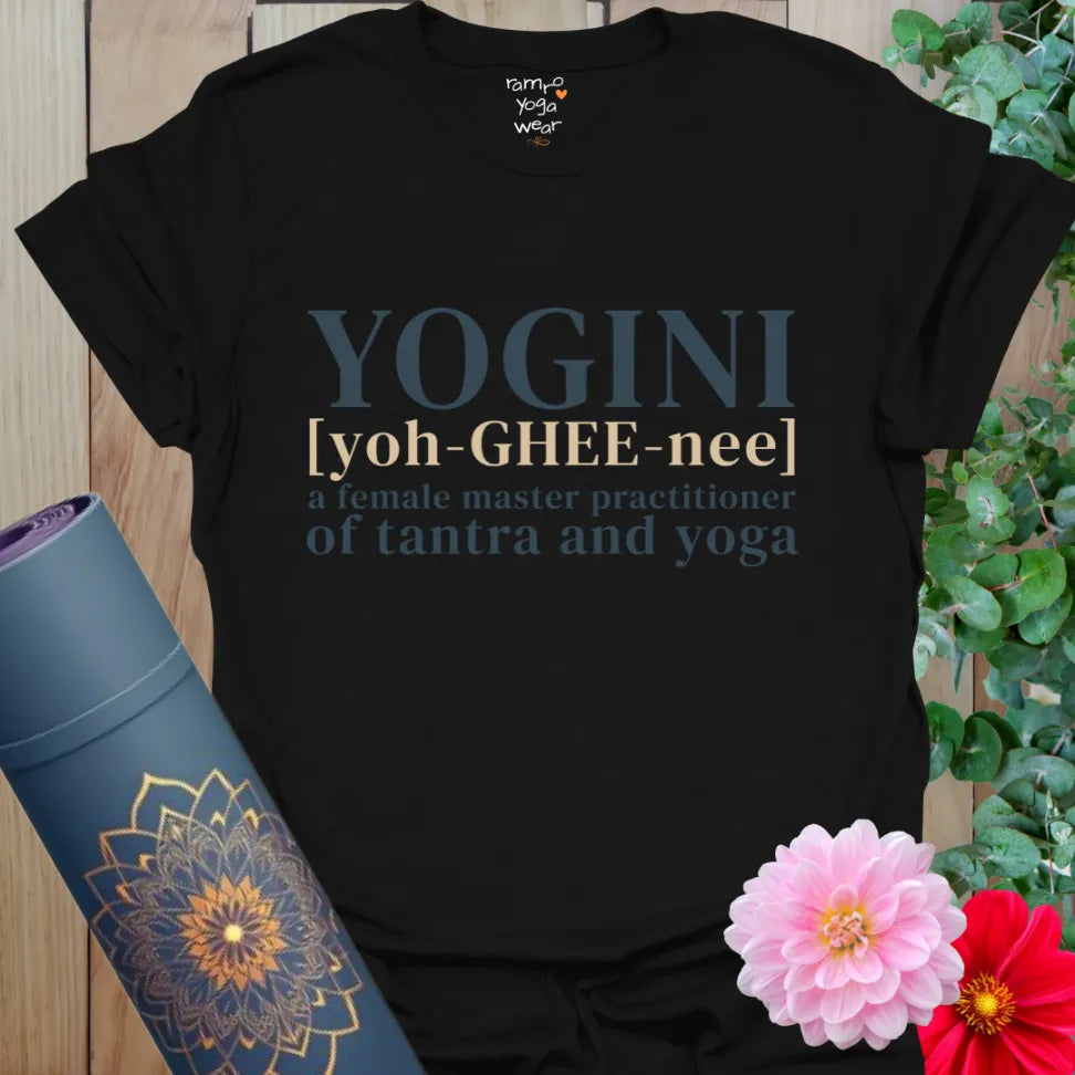 Black Yogini T-Shirt with bold phonetic definition and mantra. Soft cotton for mindful movement and goddess energy.